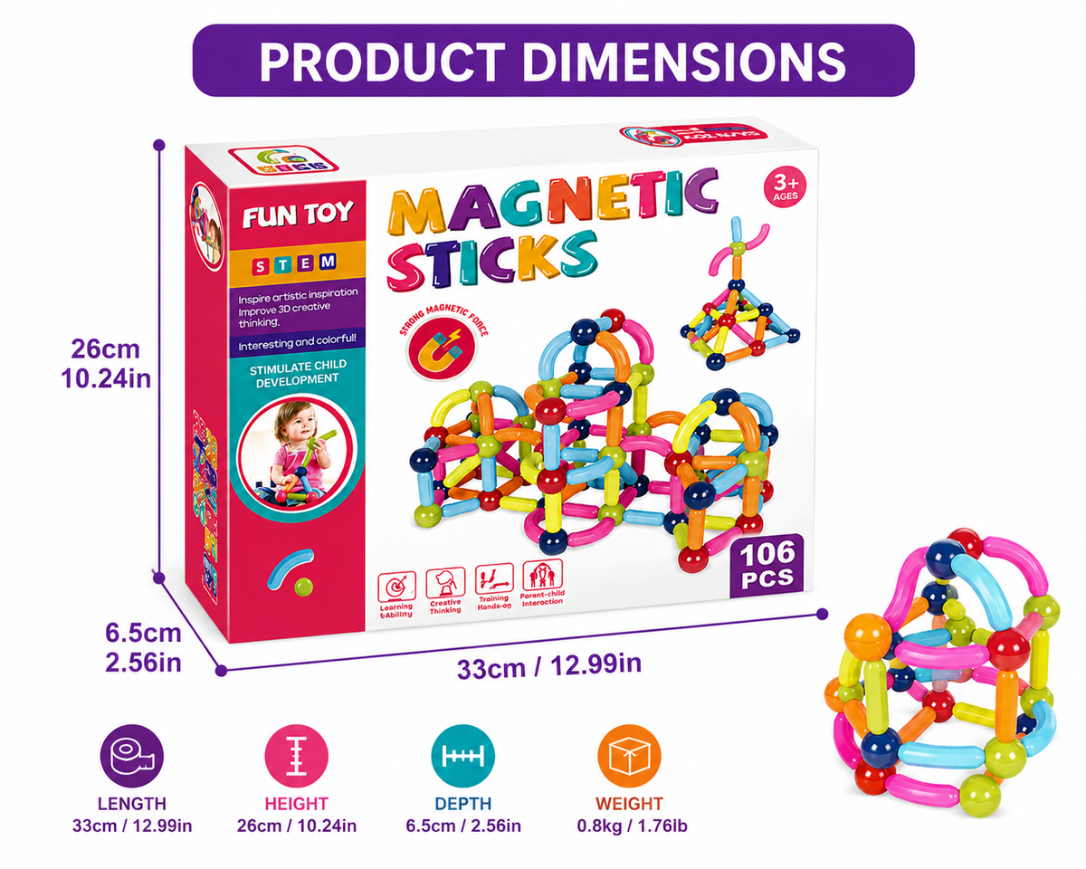 Magnetic Sticks Building Set for Kids, 106-Piece STEM Toy, Ages 3+