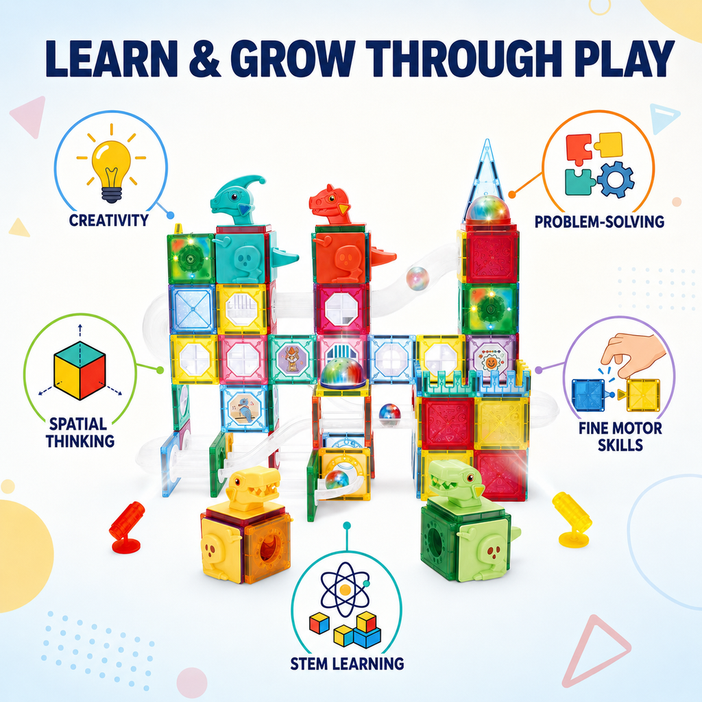 Kids Magnetic Tiles & Marble Run Set with Dinosaurs, 220 Pieces, Ages 3+