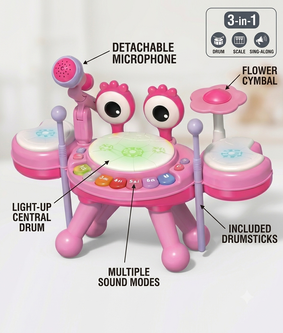 3-in-1 Crab Jazz Drum Musical Toy with Microphone for Toddlers 18M+