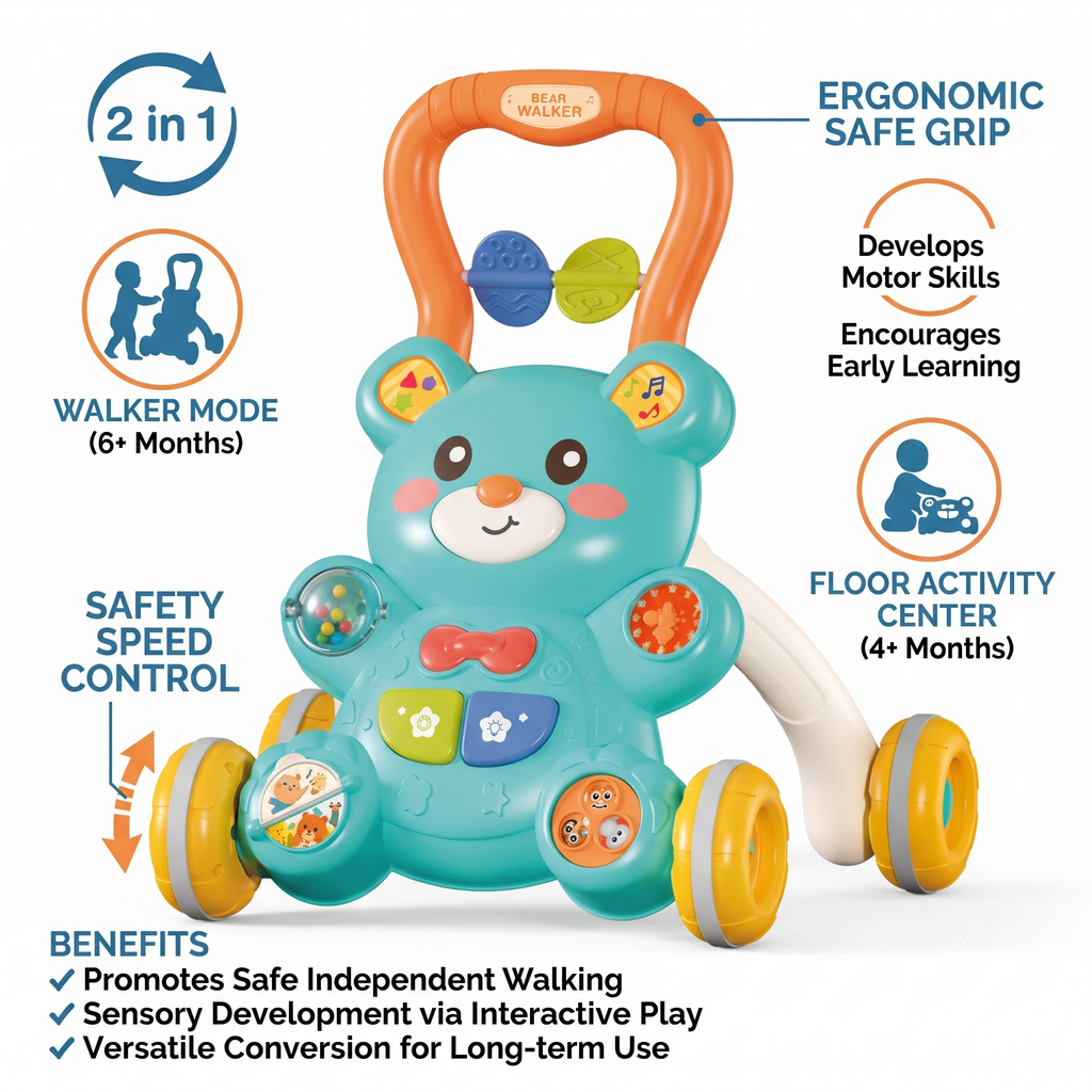 2-in-1 Bear Baby Walker & Activity Table with Lights & Sounds 0M+
