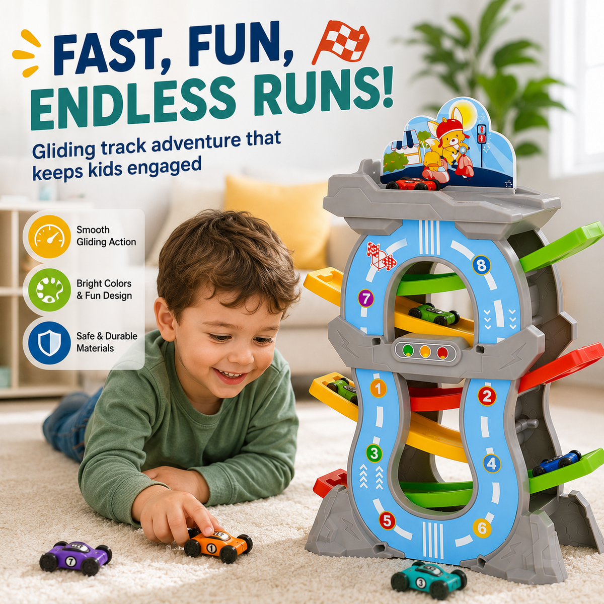 Kids Gliding Race Track Tower with 6 Curved Ramps and Mini Cars