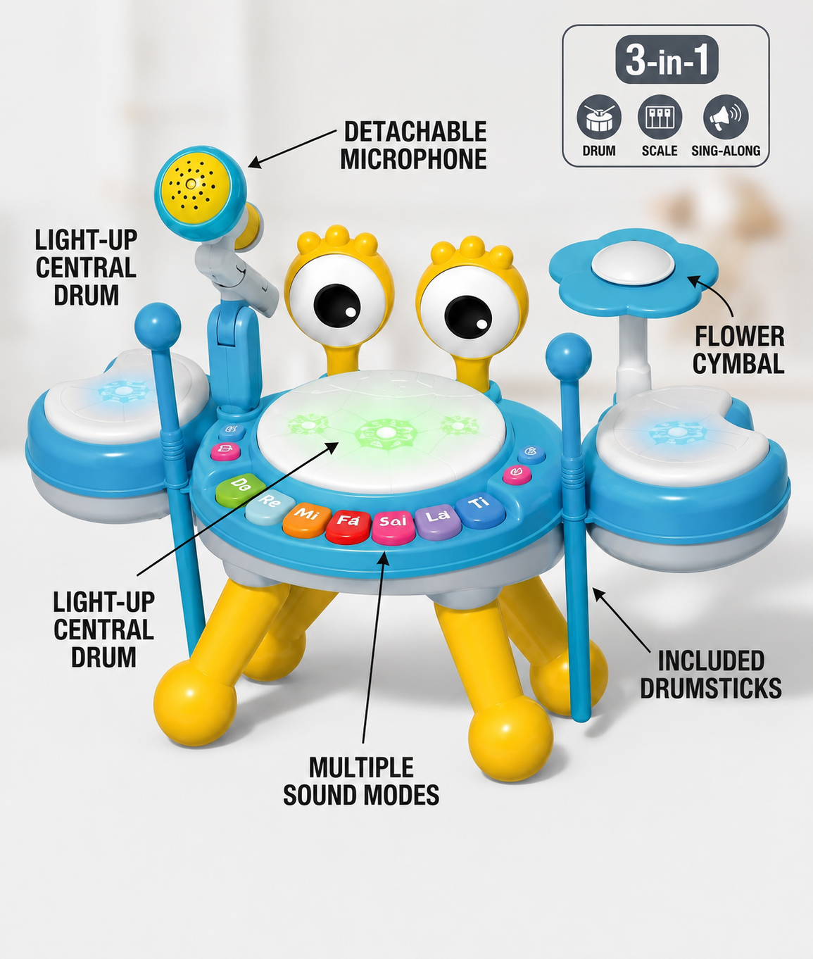 3-in-1 Crab Jazz Drum Musical Toy with Microphone for Toddlers 18M+