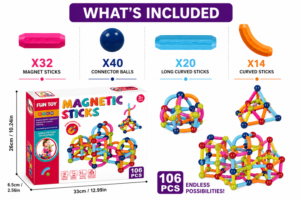 Magnetic Sticks Building Set for Kids, 106-Piece STEM Toy, Ages 3+