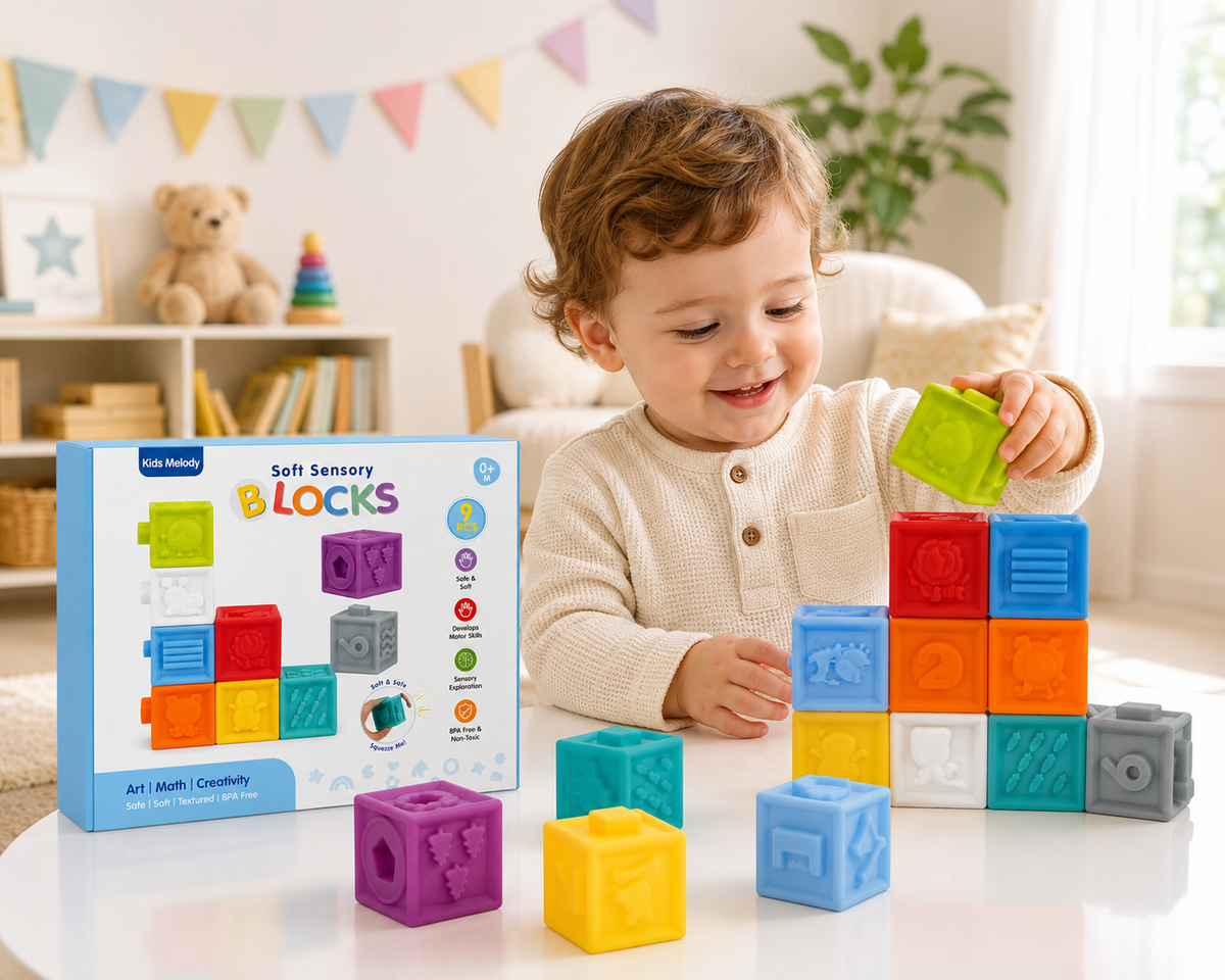 Baby Soft Sensory Blocks, 9-Piece Textured Stacking Toy, Ages 0+