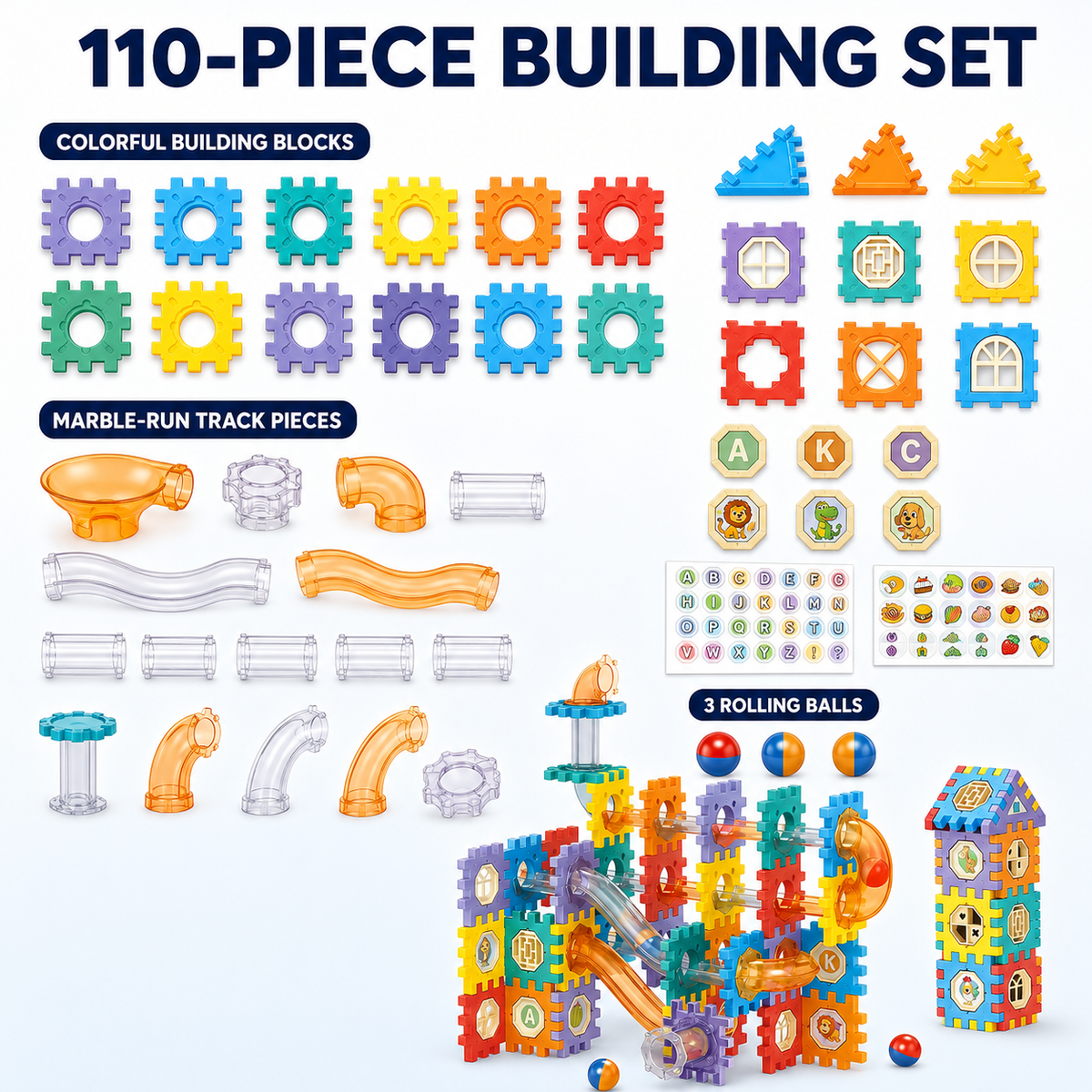 Kids Interlocking Blocks & Marble Run Set, 110 Pieces, Ages 3+