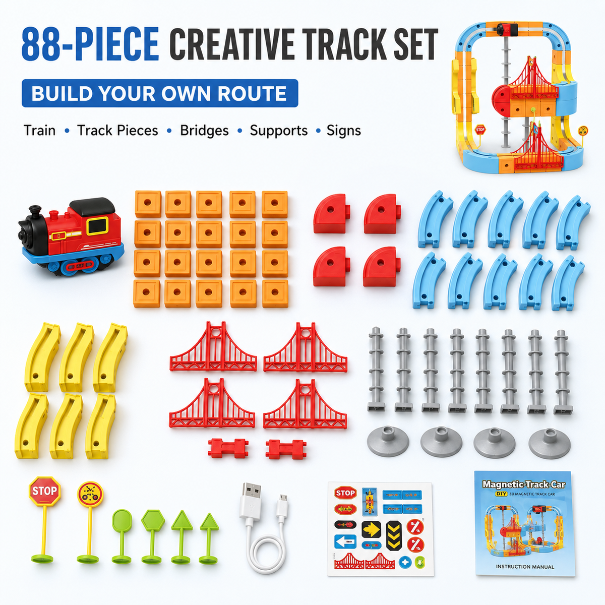 3D Magnetic Track Car STEM Toy Set 88 Pcs for Kids Ages 3+