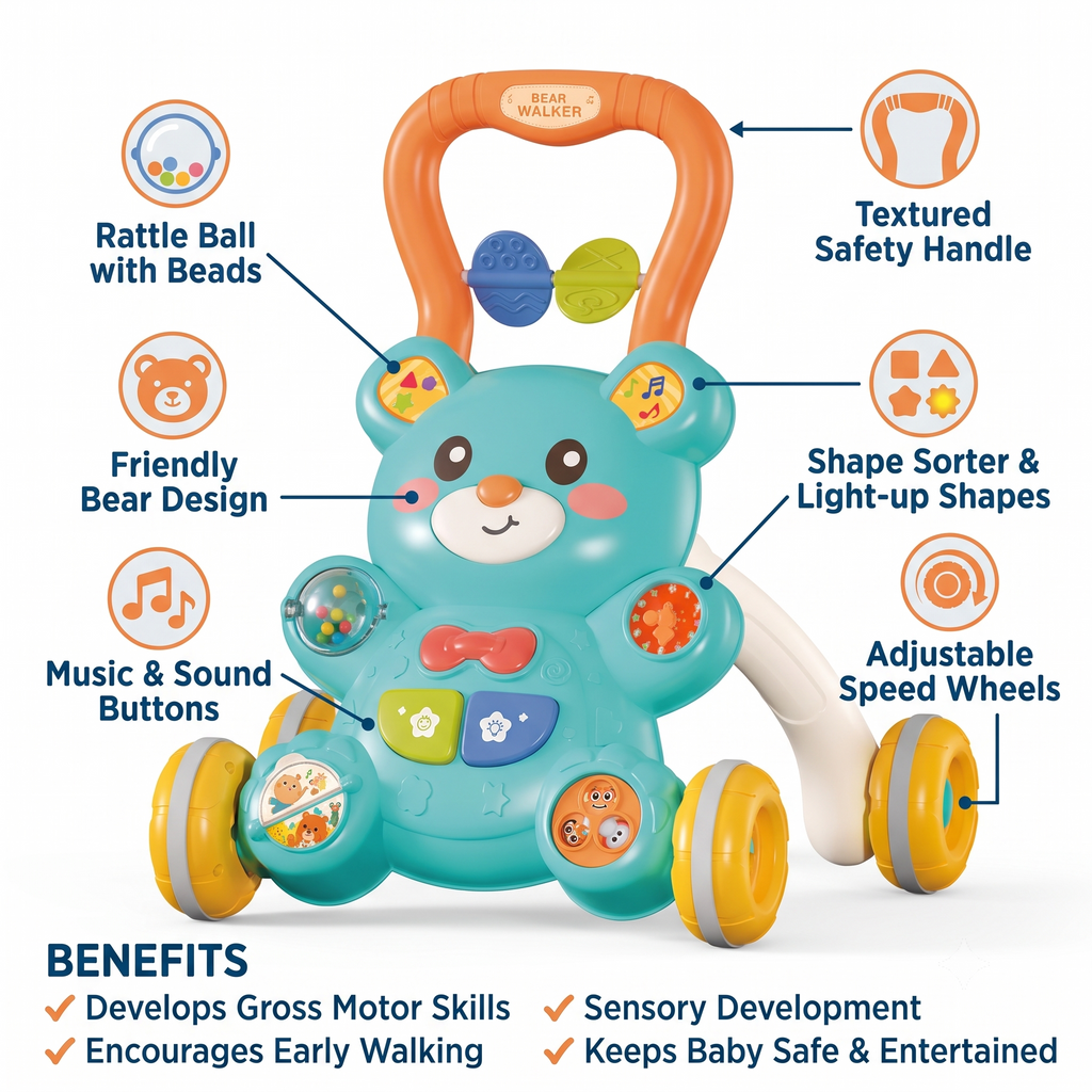 2-in-1 Bear Baby Walker & Activity Table with Lights & Sounds 0M+