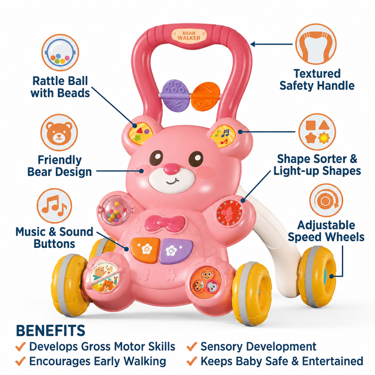 2-in-1 Bear Baby Walker & Activity Table with Lights & Sounds 0M+