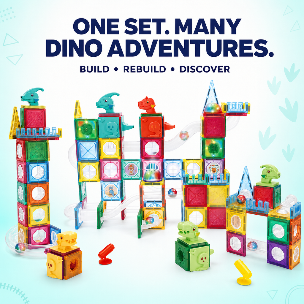 Kids Magnetic Tiles & Marble Run Set with Dinosaurs, 220 Pieces, Ages 3+