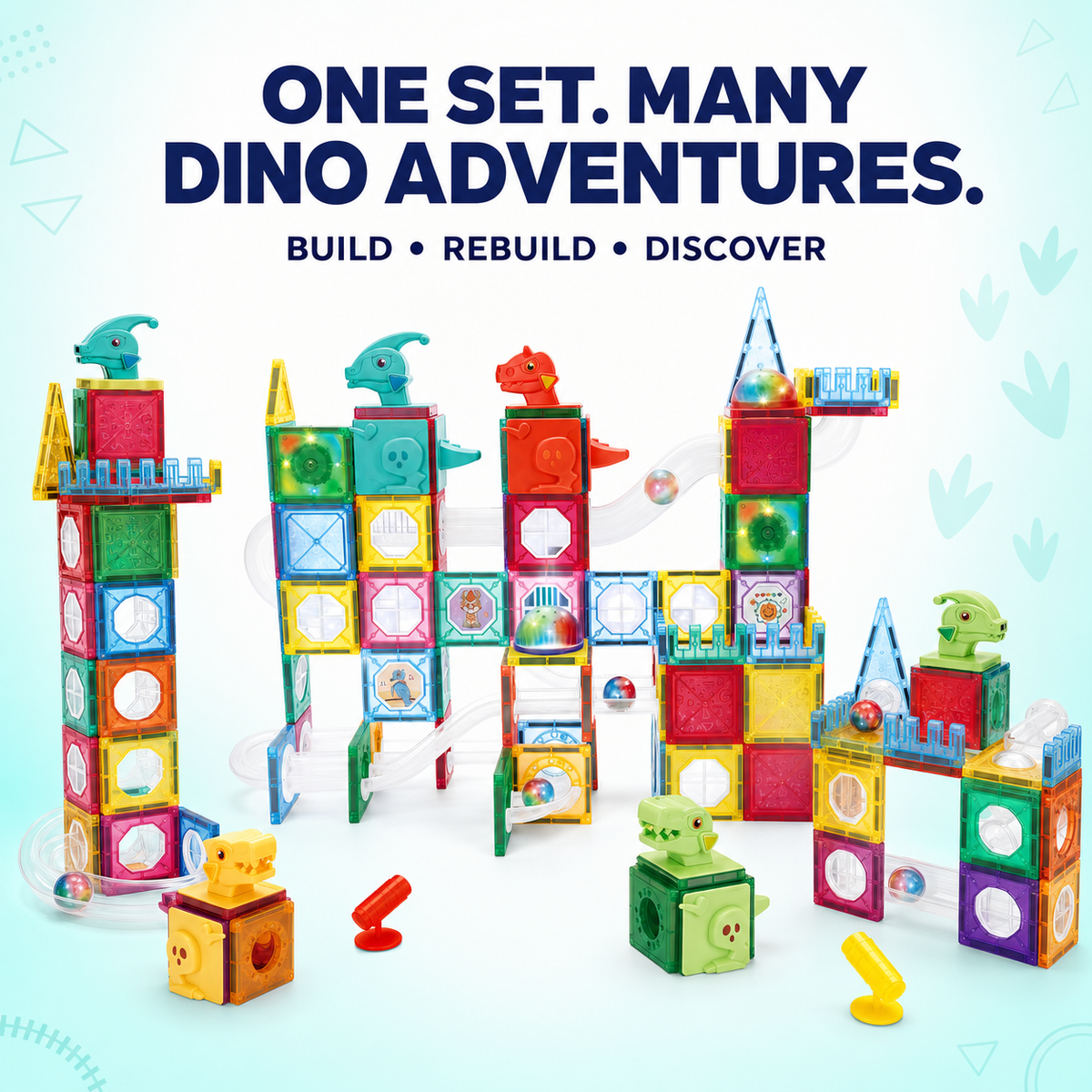 Kids Magnetic Tiles & Marble Run Set with Dinosaurs, 220 Pieces, Ages 3+