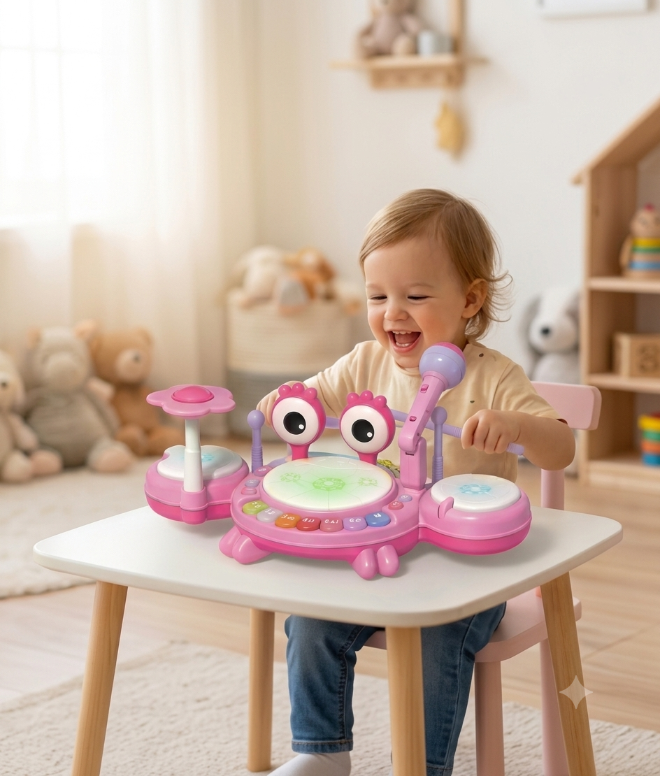 3-in-1 Crab Jazz Drum Musical Toy with Microphone for Toddlers 18M+