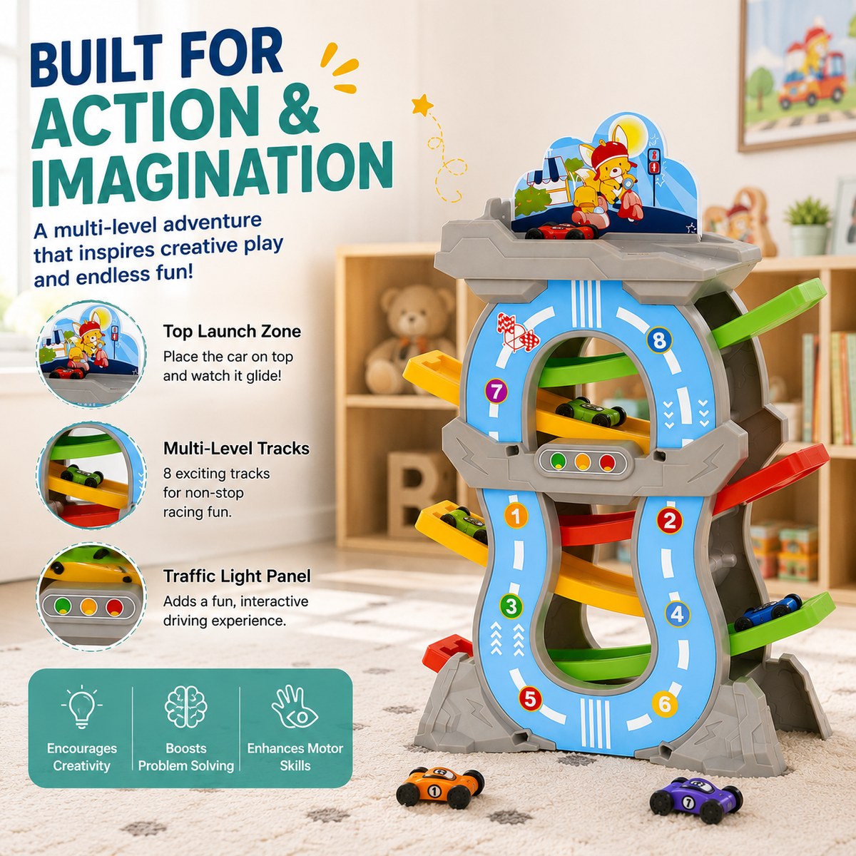 Kids Gliding Race Track Tower with 6 Curved Ramps and Mini Cars