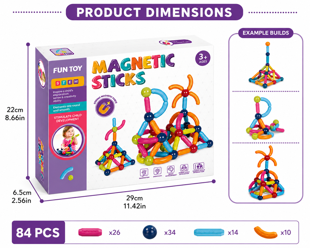 Magnetic Sticks Building Set for Kids, 84-Piece STEM Toy, Ages 3+