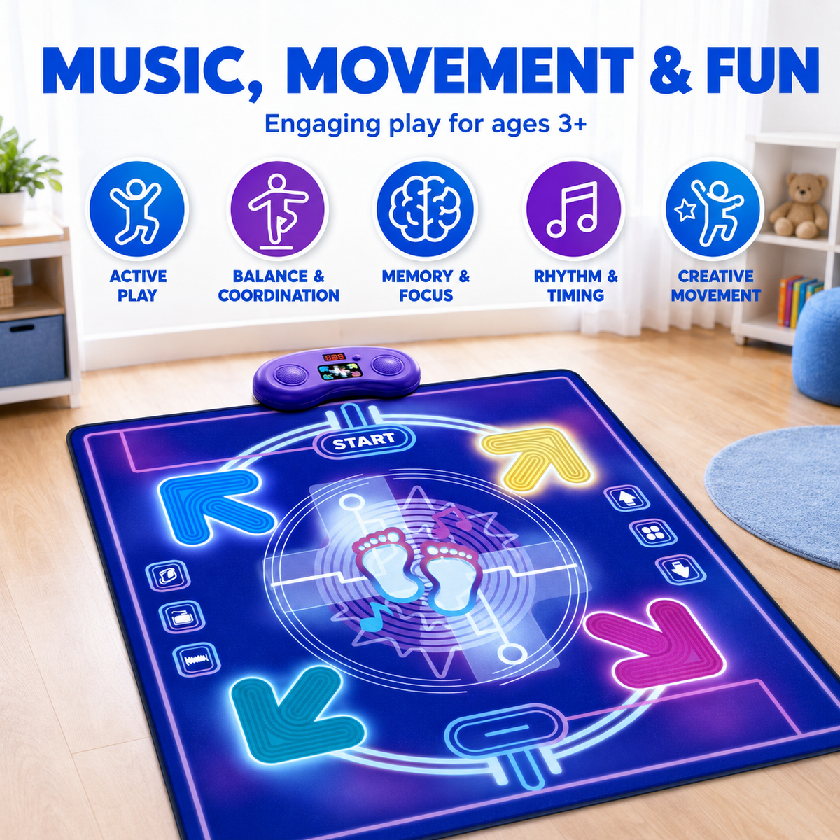 Kids Bluetooth Dance Mat with 4 Play Modes and Light-Up Arrows, Ages 3+