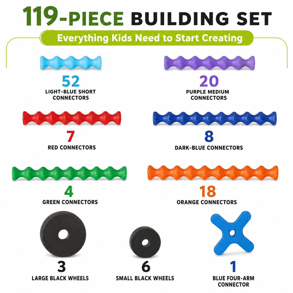 119-Piece Snap-Together Building Sticks Set with Wheels, Ages 4+