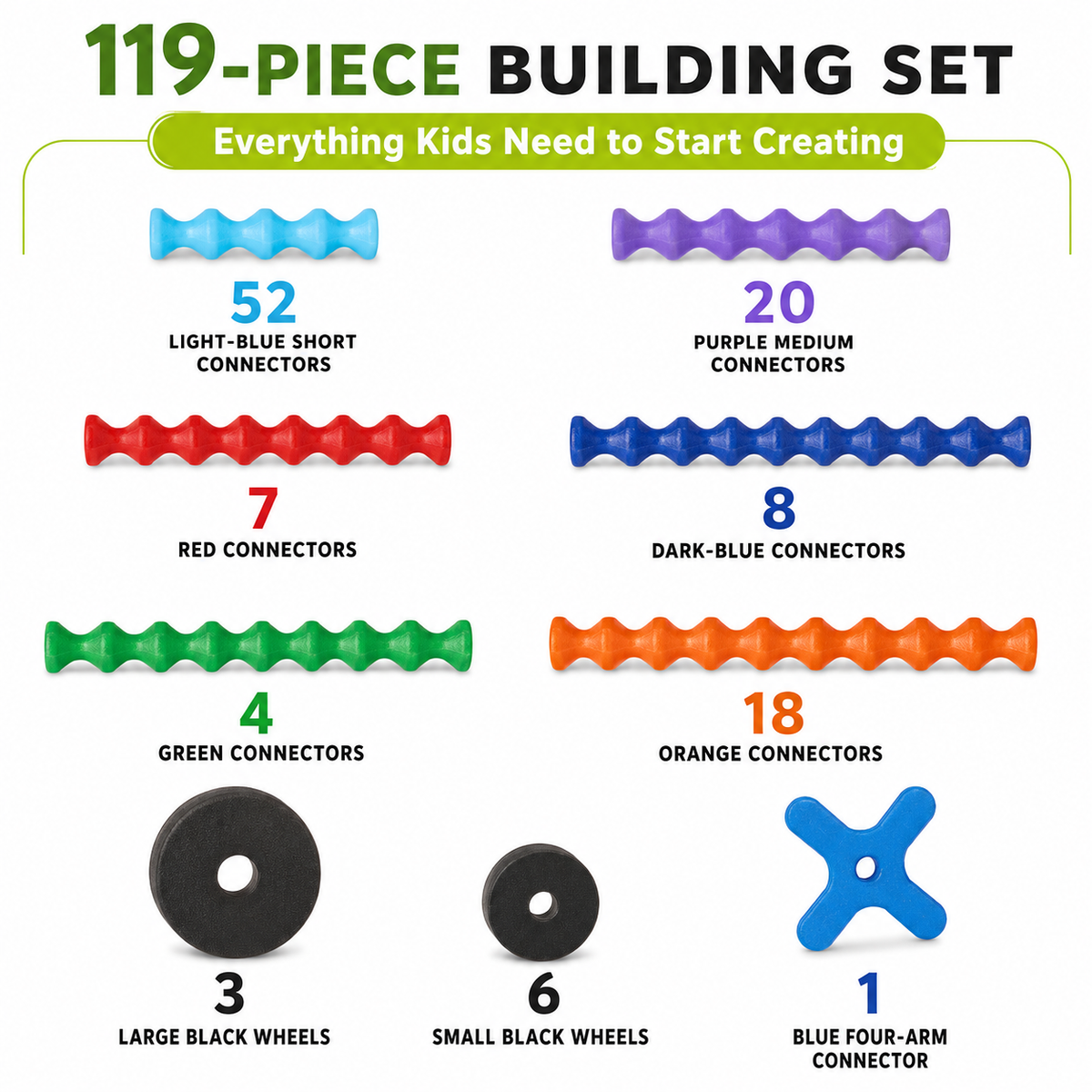 119-Piece Snap-Together Building Sticks Set with Wheels, Ages 4+