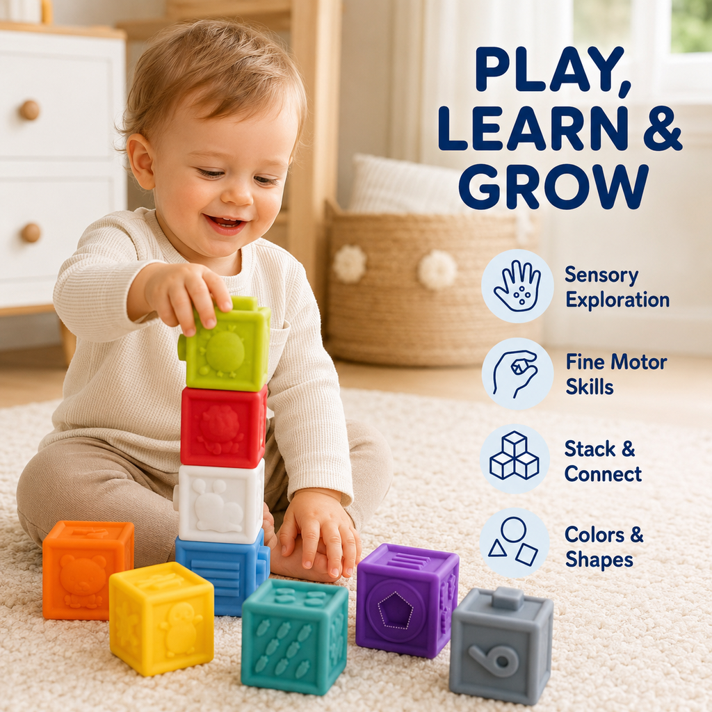 Baby Soft Sensory Blocks, 9-Piece Textured Stacking Toy, Ages 0+