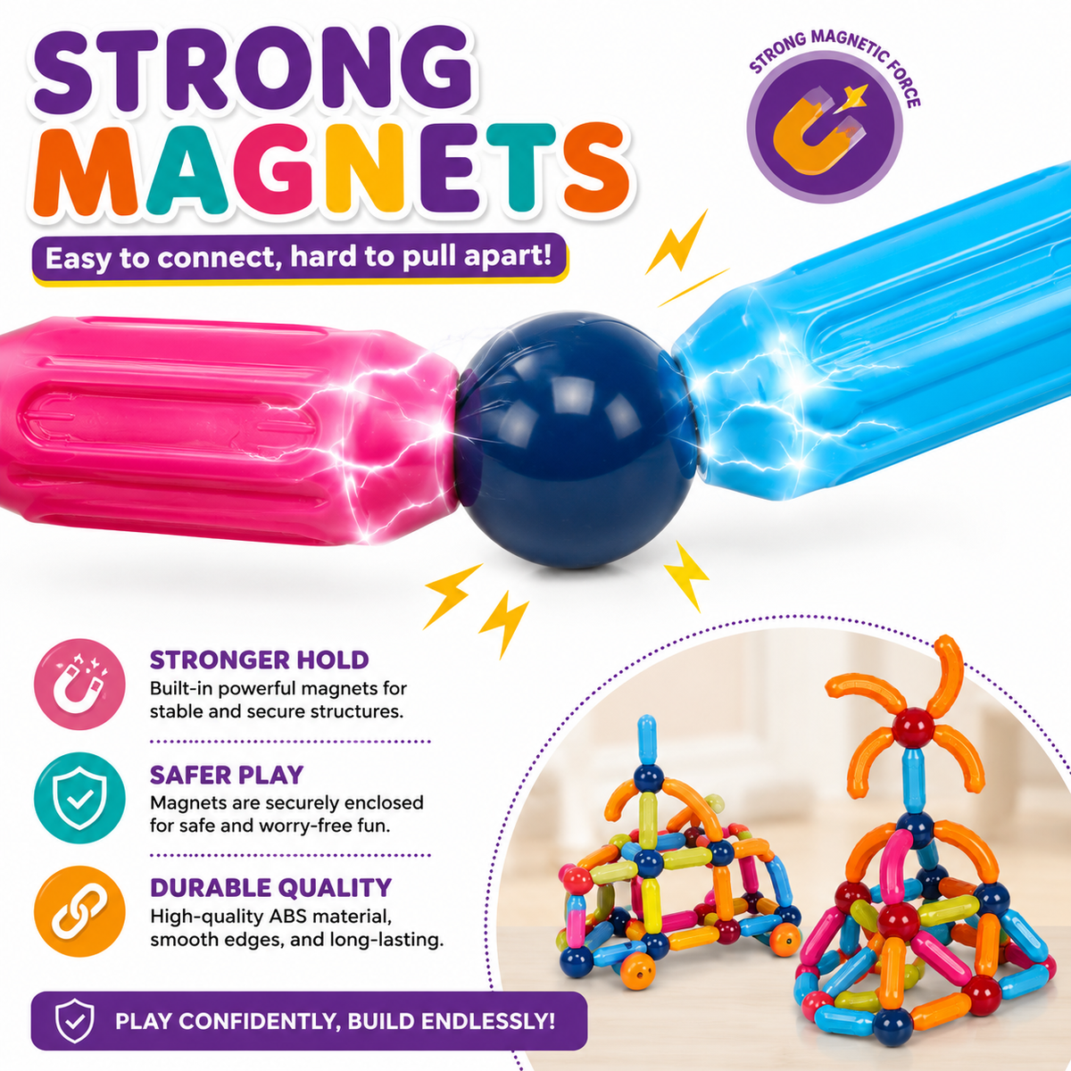 Magnetic Sticks Building Set for Kids, 84-Piece STEM Toy, Ages 3+
