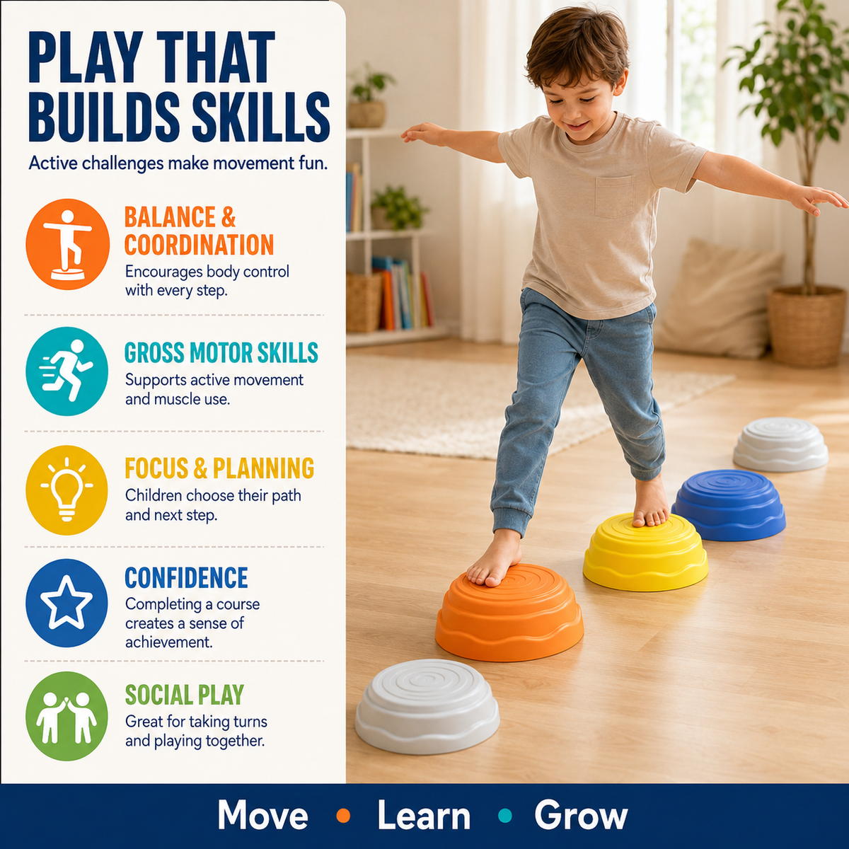 Kids Stepping Stones, 5-Piece Stackable Balance Set, Ages 3+