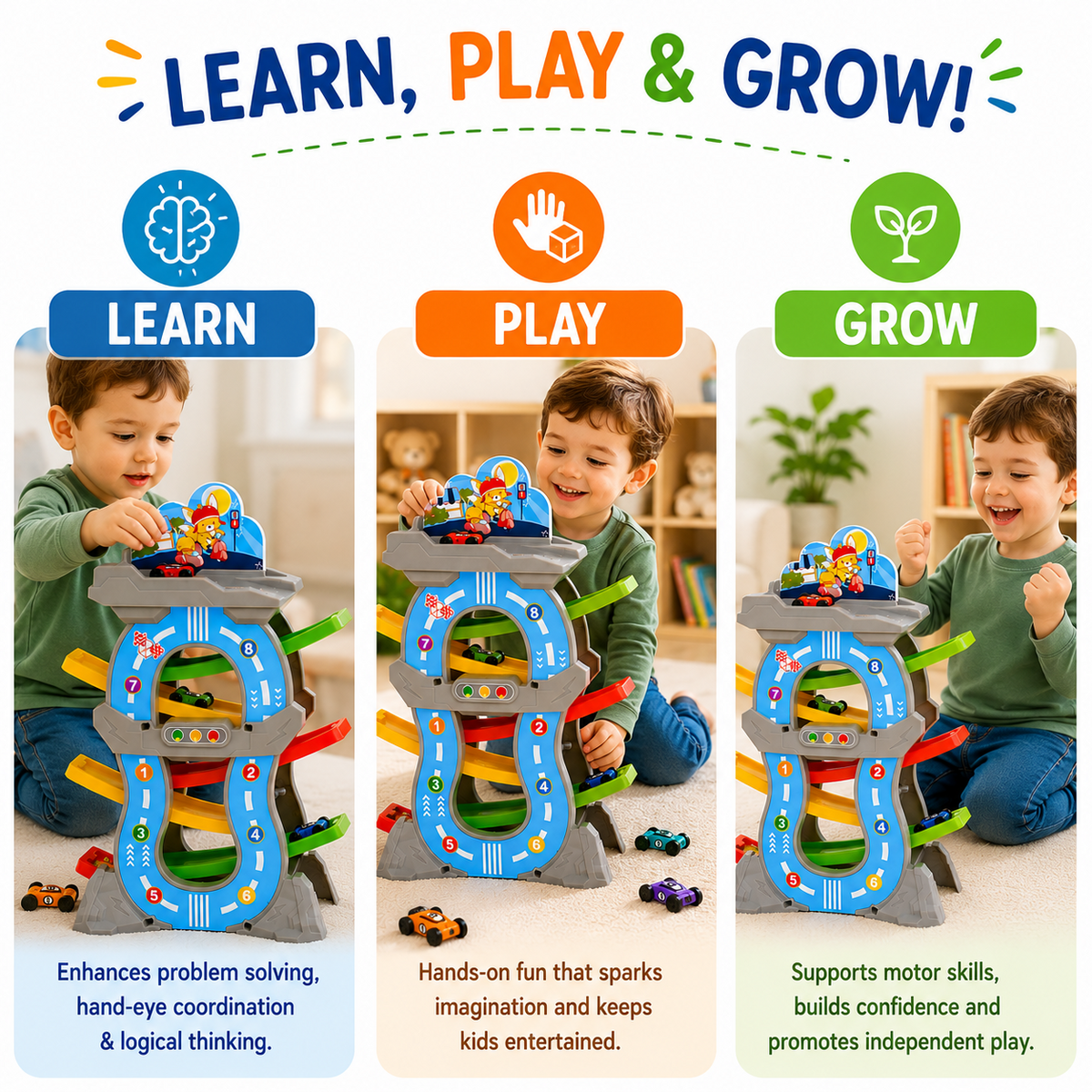 Kids Gliding Race Track Tower with 6 Curved Ramps and Mini Cars