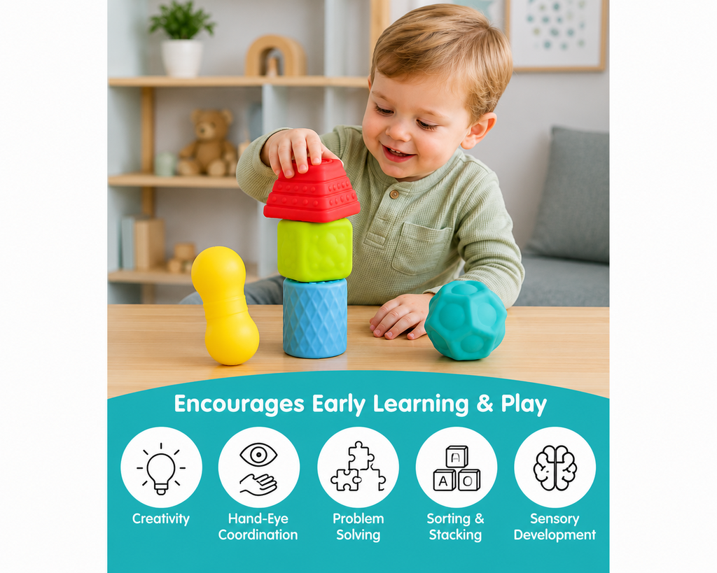Soft Sensory Blocks for Babies, 5-Piece Textured Stacking Toy, Ages 0+