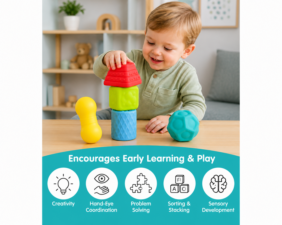 Soft Sensory Blocks for Babies, 5-Piece Textured Stacking Toy, Ages 0+
