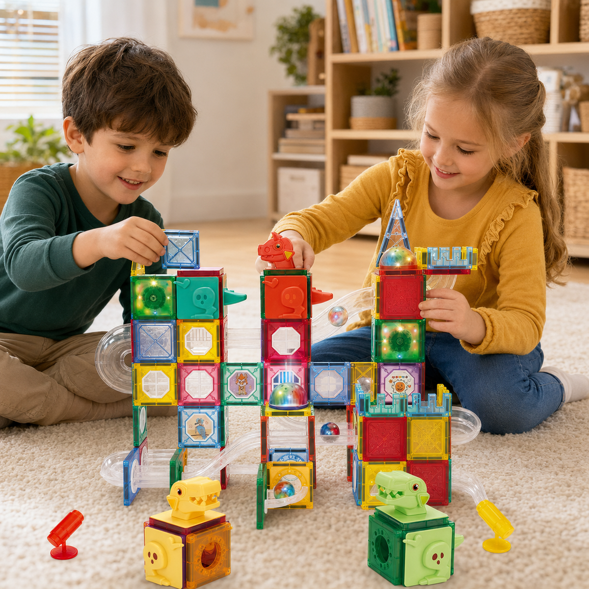 Kids Magnetic Tiles & Marble Run Set with Dinosaurs, 220 Pieces, Ages 3+