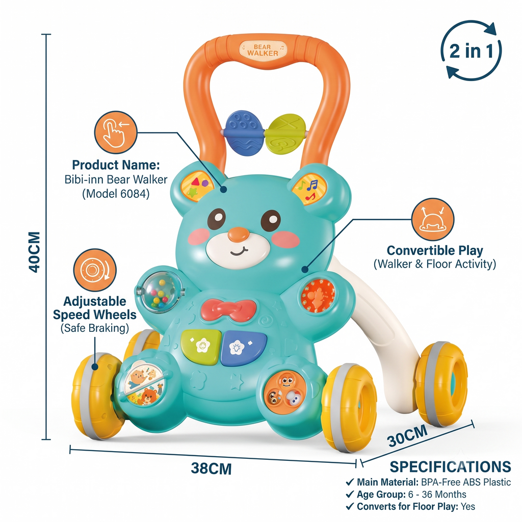 2-in-1 Bear Baby Walker & Activity Table with Lights & Sounds 0M+