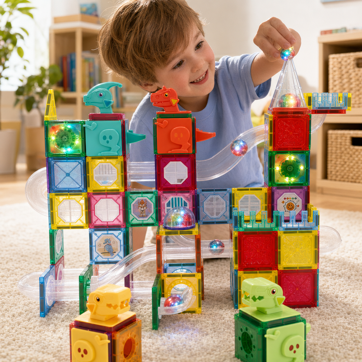 Kids Magnetic Tiles & Marble Run Set with Dinosaurs, 220 Pieces, Ages 3+