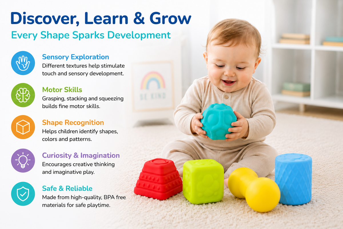 Soft Sensory Blocks for Babies, 5-Piece Textured Stacking Toy, Ages 0+