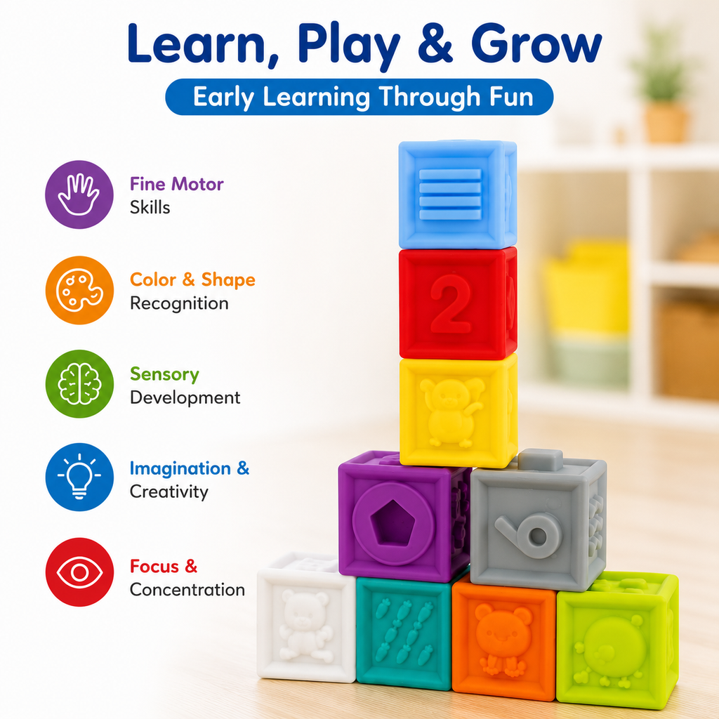 Baby Soft Sensory Blocks, 9-Piece Textured Stacking Toy, Ages 0+