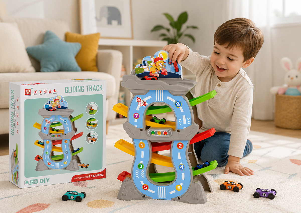 Kids Gliding Race Track Tower with 6 Curved Ramps and Mini Cars