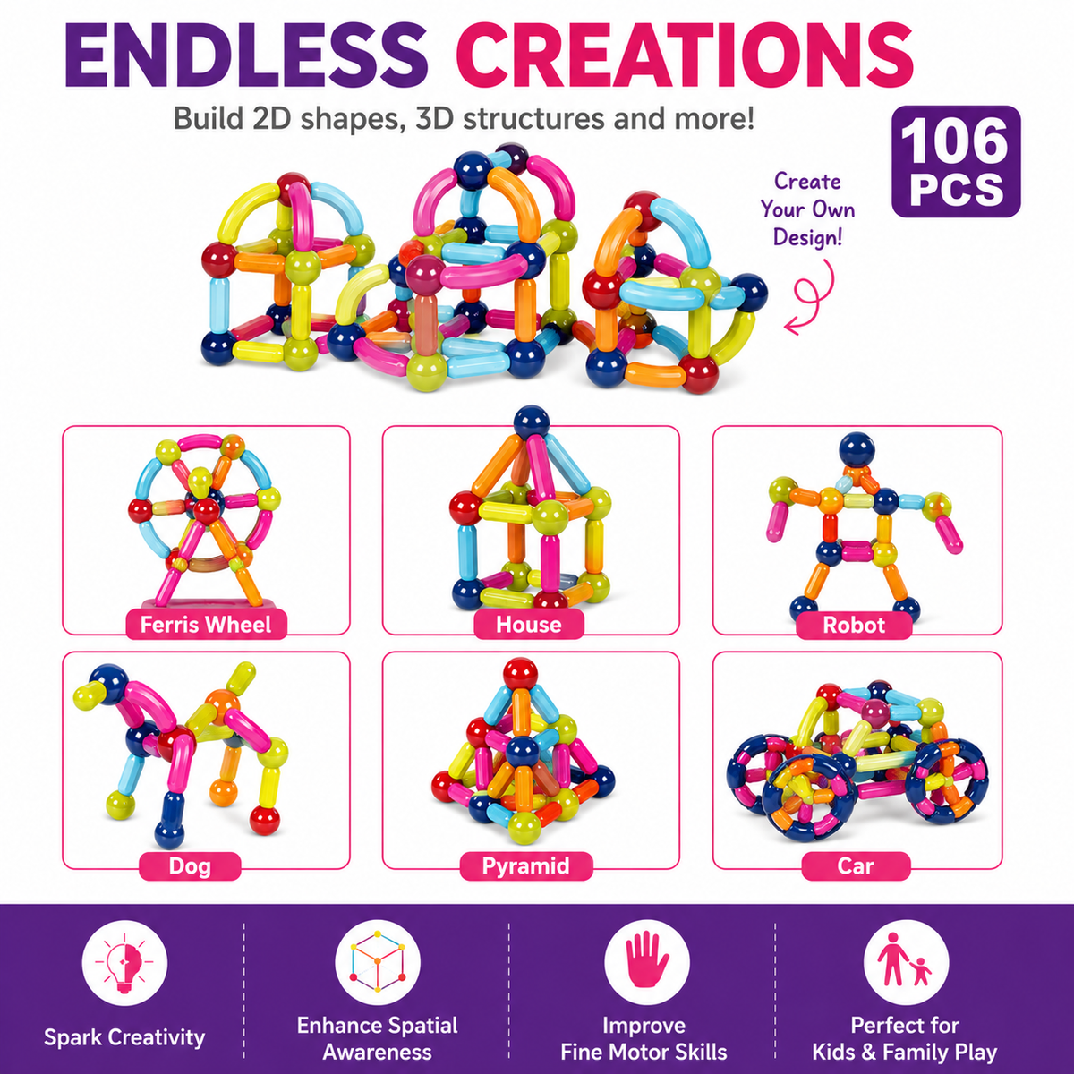 Magnetic Sticks Building Set for Kids, 106-Piece STEM Toy, Ages 3+