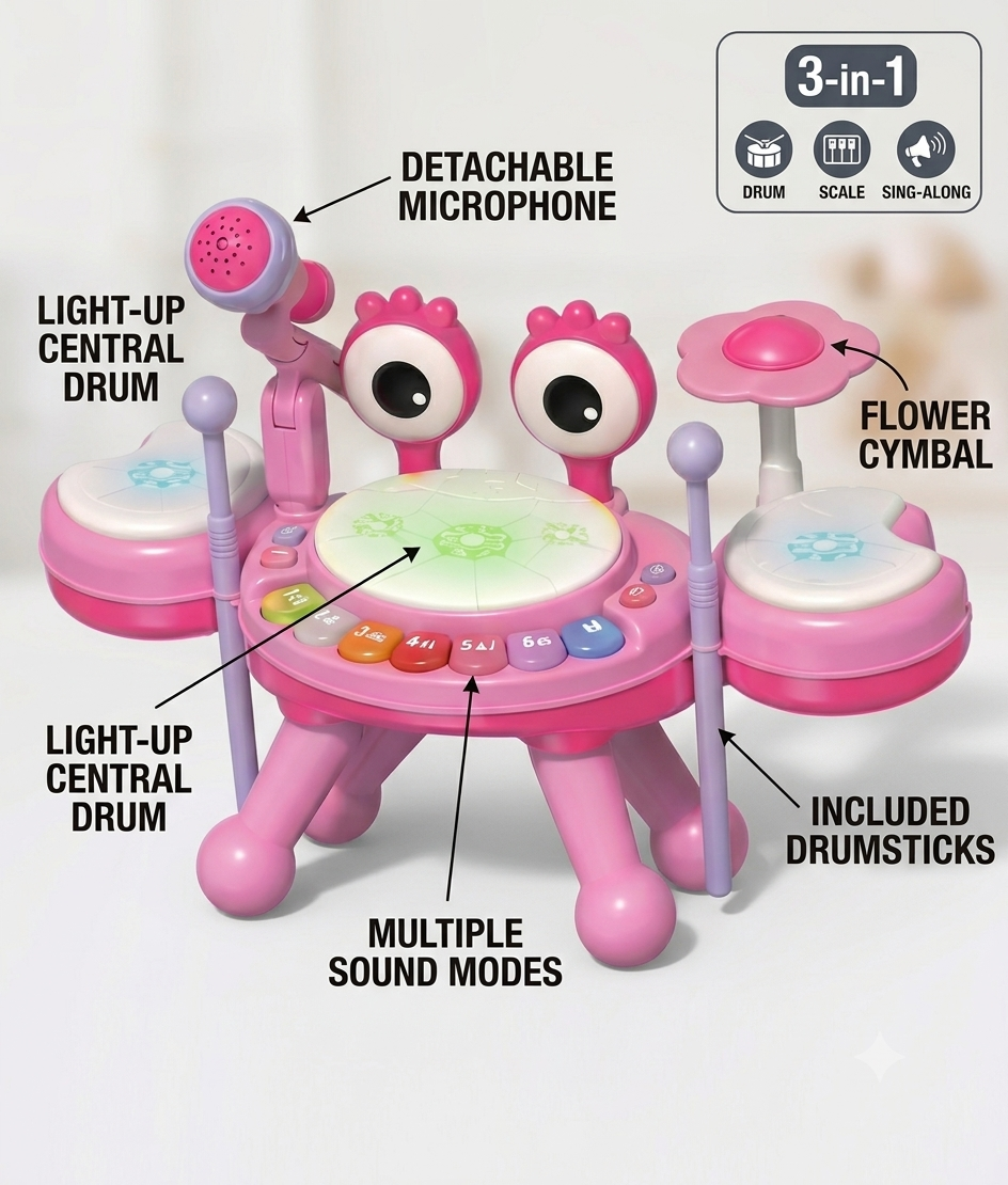 3-in-1 Crab Jazz Drum Musical Toy with Microphone for Toddlers 18M+