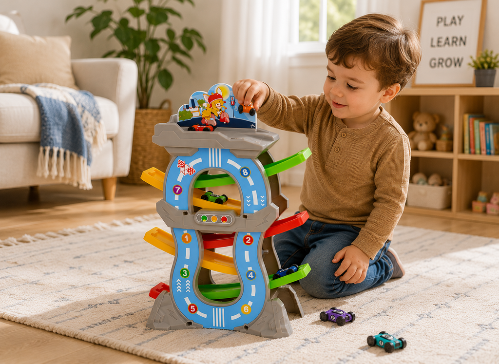 Kids Gliding Race Track Tower with 6 Curved Ramps and Mini Cars