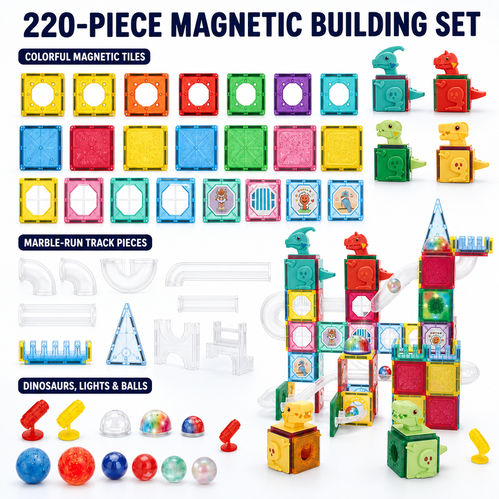 Kids Magnetic Tiles & Marble Run Set with Dinosaurs, 220 Pieces, Ages 3+