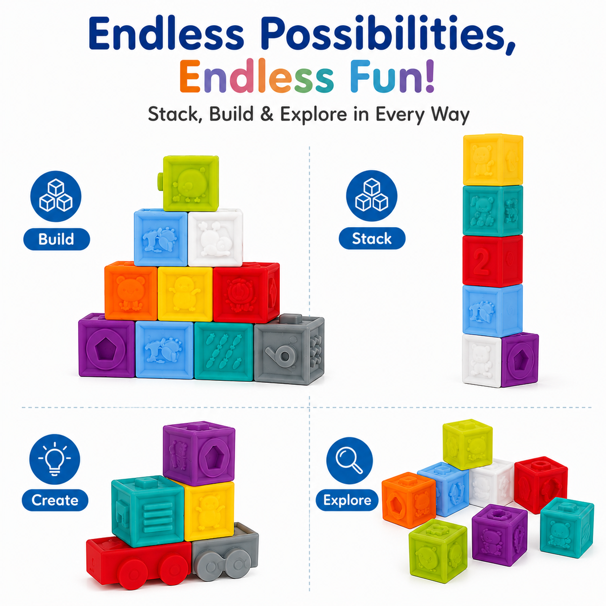 Baby Soft Sensory Blocks, 9-Piece Textured Stacking Toy, Ages 0+