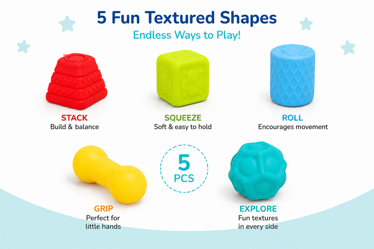 Soft Sensory Blocks for Babies, 5-Piece Textured Stacking Toy, Ages 0+