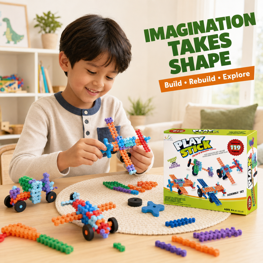 119-Piece Snap-Together Building Sticks Set with Wheels, Ages 4+