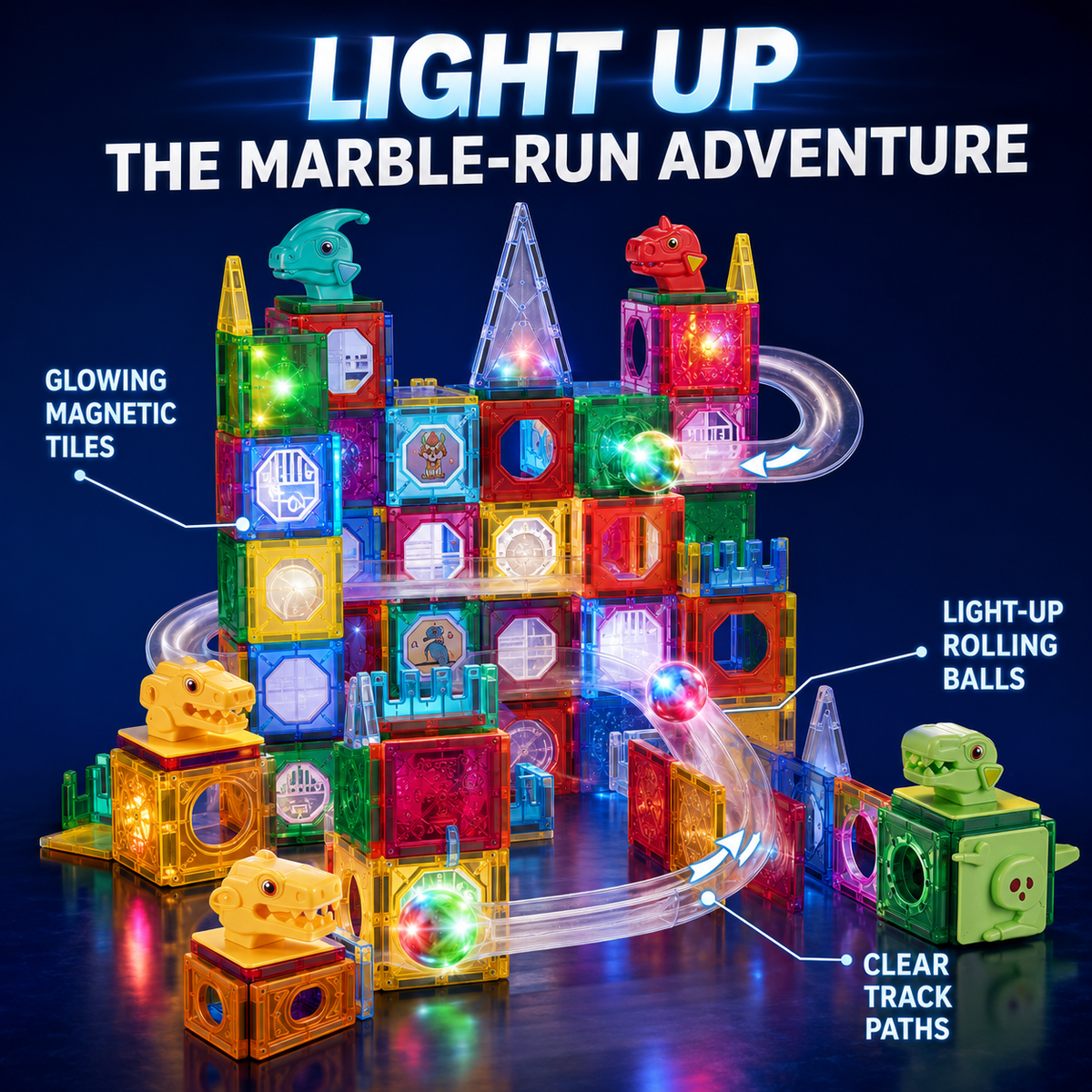 Kids Magnetic Tiles & Marble Run Set with Dinosaurs, 220 Pieces, Ages 3+