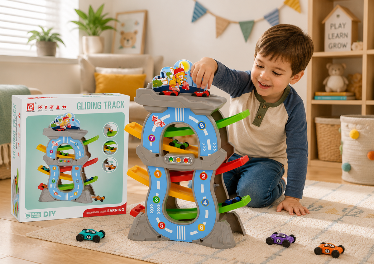 Kids Gliding Race Track Tower with 6 Curved Ramps and Mini Cars