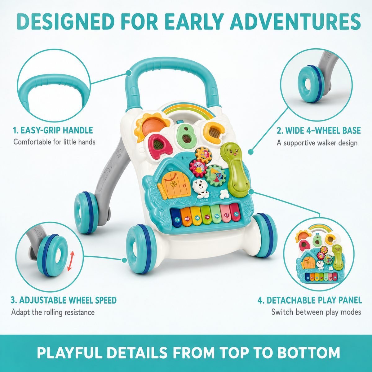 4-in-1 Musical Baby Walker & Learning Table- Blue, 6M+