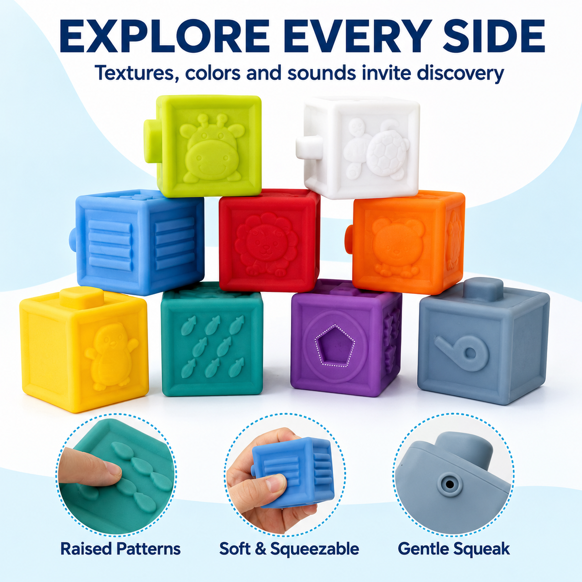 Baby Soft Sensory Blocks, 9-Piece Textured Stacking Toy, Ages 0+