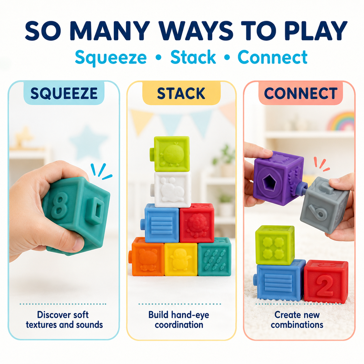 Baby Soft Sensory Blocks, 9-Piece Textured Stacking Toy, Ages 0+