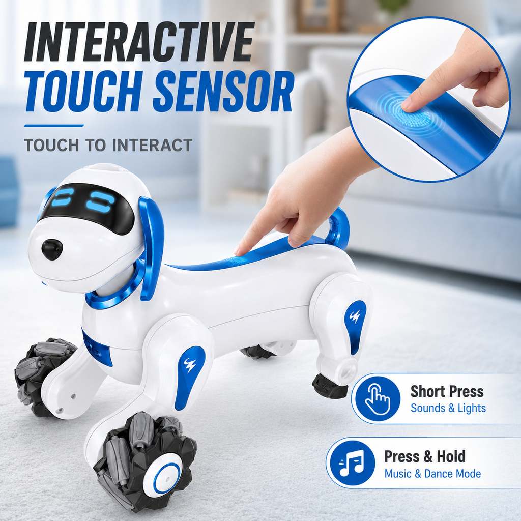 Smart RC Robot Dog with Touch Sensor, Music, Lights & 360° Spins, Ages 6+