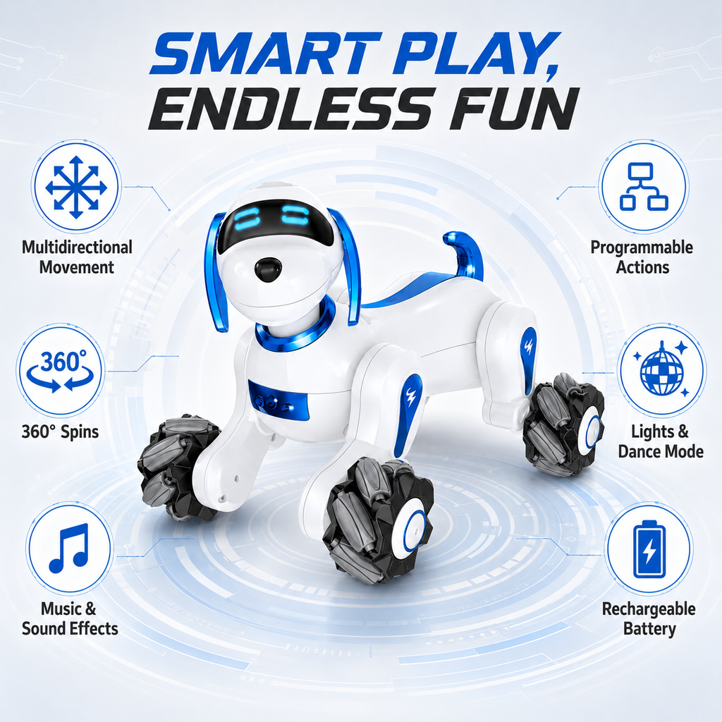 Smart RC Robot Dog with Touch Sensor, Music, Lights & 360° Spins, Ages 6+