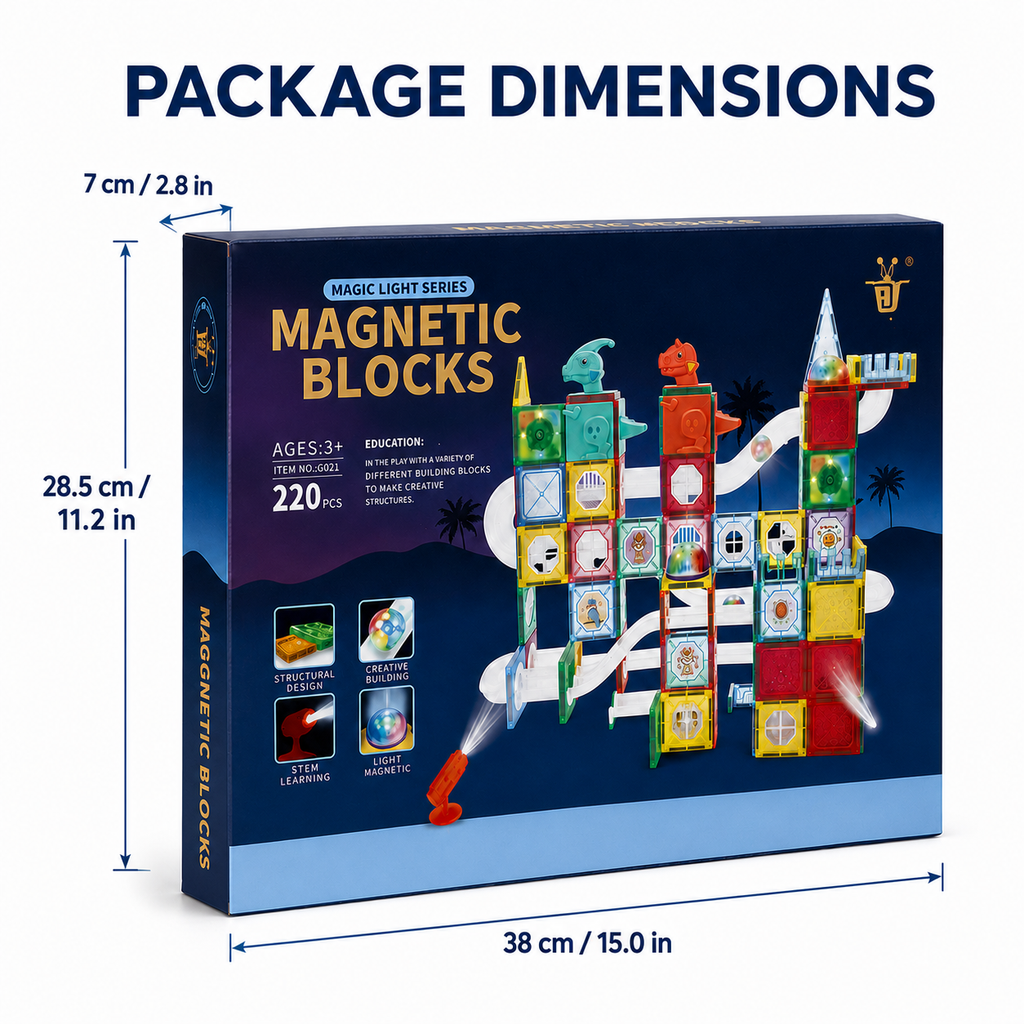 Kids Magnetic Tiles & Marble Run Set with Dinosaurs, 220 Pieces, Ages 3+