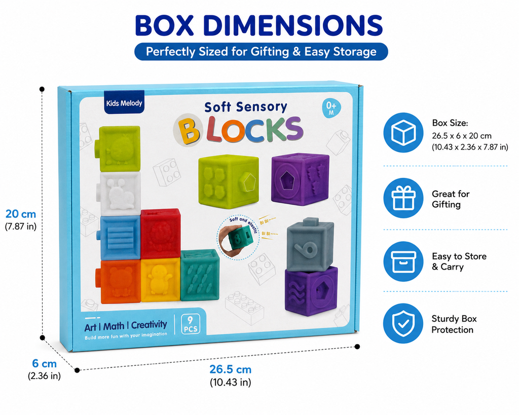 Baby Soft Sensory Blocks, 9-Piece Textured Stacking Toy, Ages 0+