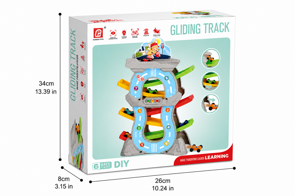 Kids Gliding Race Track Tower with 6 Curved Ramps and Mini Cars