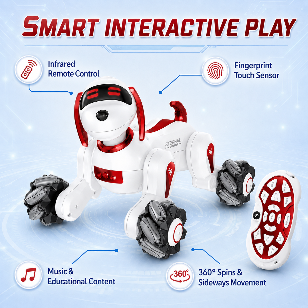 Smart RC Robot Dog with Touch Sensor, Music, Lights & 360° Spins, Ages 6+